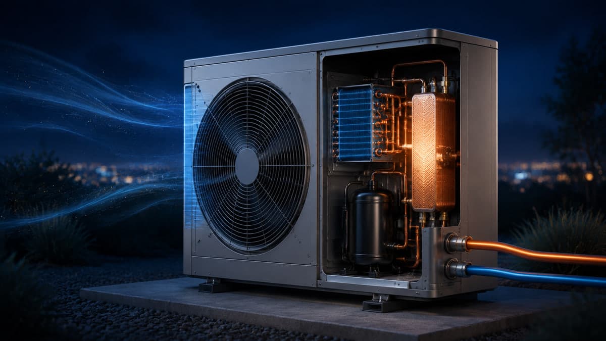Unidad exterior de aerotermia abierta por un lateral: se ven el ventilador, el compresor y el intercambiador donde el calor del aire pasa al agua, con las dos tuberías de ida y retorno saliendo hacia la vivienda