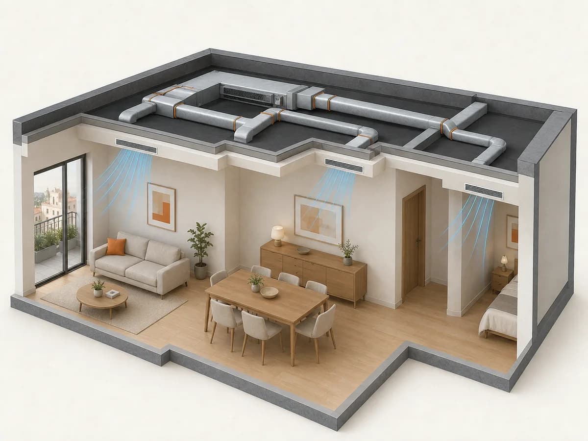 Vivienda vista en corte con el equipo de dentro y los tubos escondidos en el falso techo y el aire saliendo por rejillas en el salón, el comedor y el dormitorio