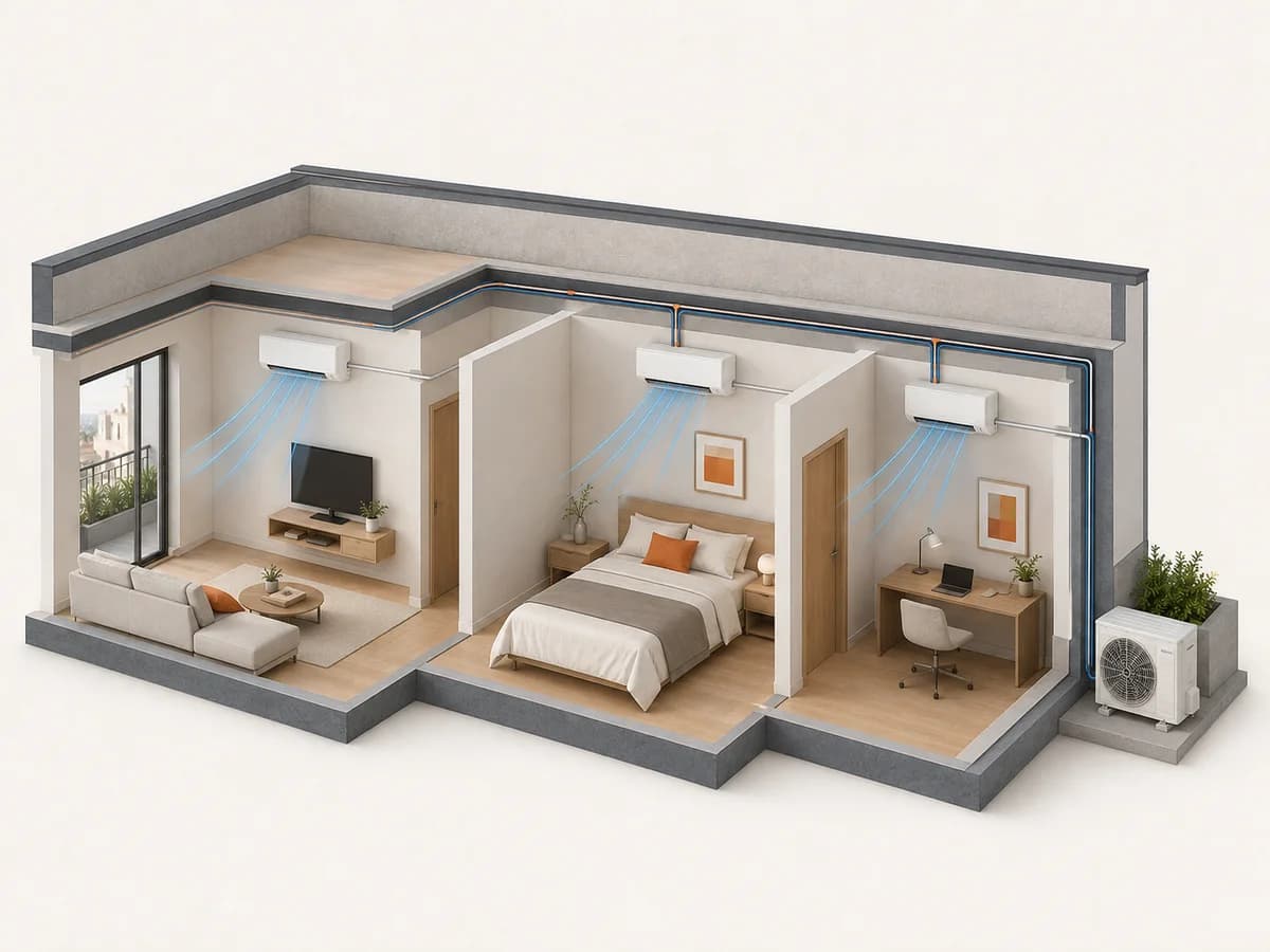 Piso visto en corte con salón, dormitorio y despacho, cada uno con su equipo de pared, conectados a una sola máquina de fuera