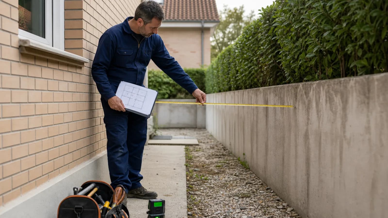 Técnico con carpeta y metro comprobando el lateral del jardín de un chalet donde iría la máquina de aerotermia, con el muro del lindero y la casa del vecino al fondo