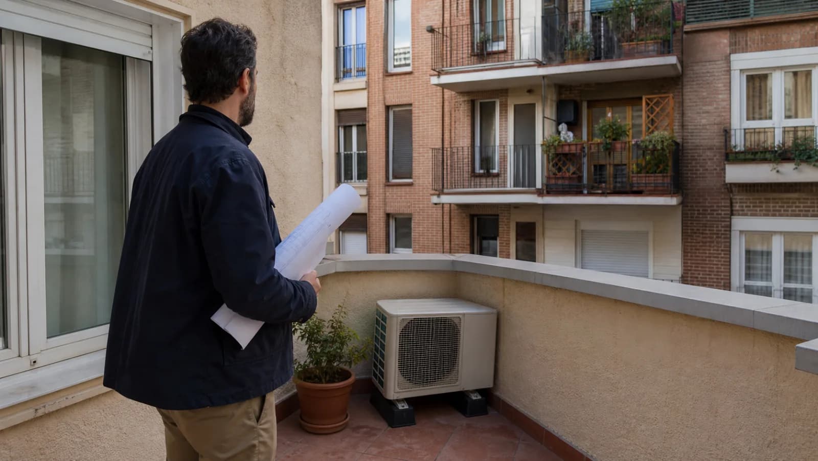 Hombre de espaldas en la terraza de un piso, con un plano enrollado y una carpeta de papeles bajo el brazo, mirando hacia la máquina de aerotermia apoyada sobre cuatro tacos antivibratorios junto a una maceta; enfrente, la fachada de ladrillo del bloque de al lado con sus balcones, persianas y una unidad exterior colgada