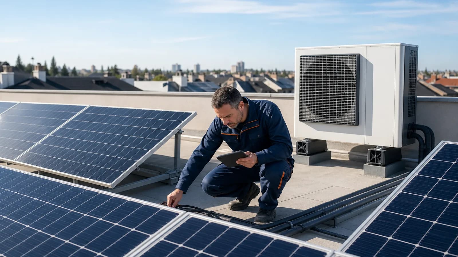 Instalador comprobando los paneles solares de una cubierta junto a la máquina exterior de una aerotermia en una vivienda de Madrid