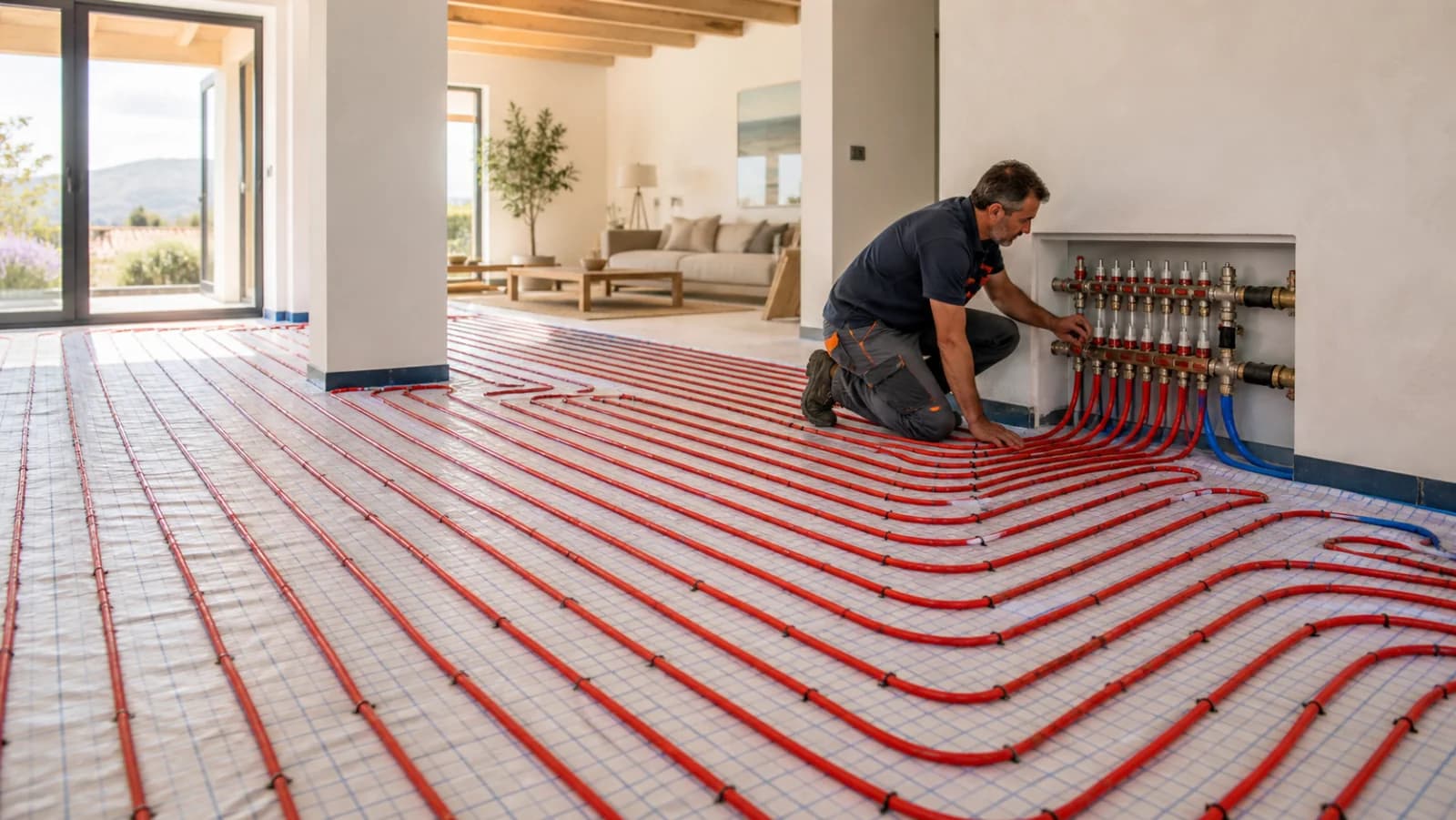 Instalador arrodillado conectando al colector empotrado en la pared los circuitos de tubo rojo de un suelo radiante, con la planta de la vivienda cubierta de tubo sobre el panel aislante antes de verter el mortero