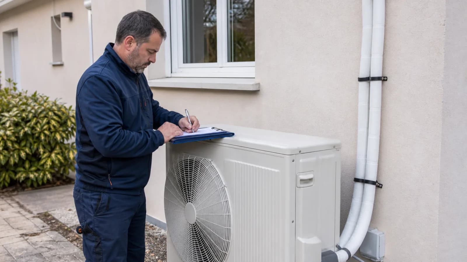 Instalador autorizado firmando el certificado de la instalación térmica junto a la unidad exterior de aerotermia de una vivienda en Madrid