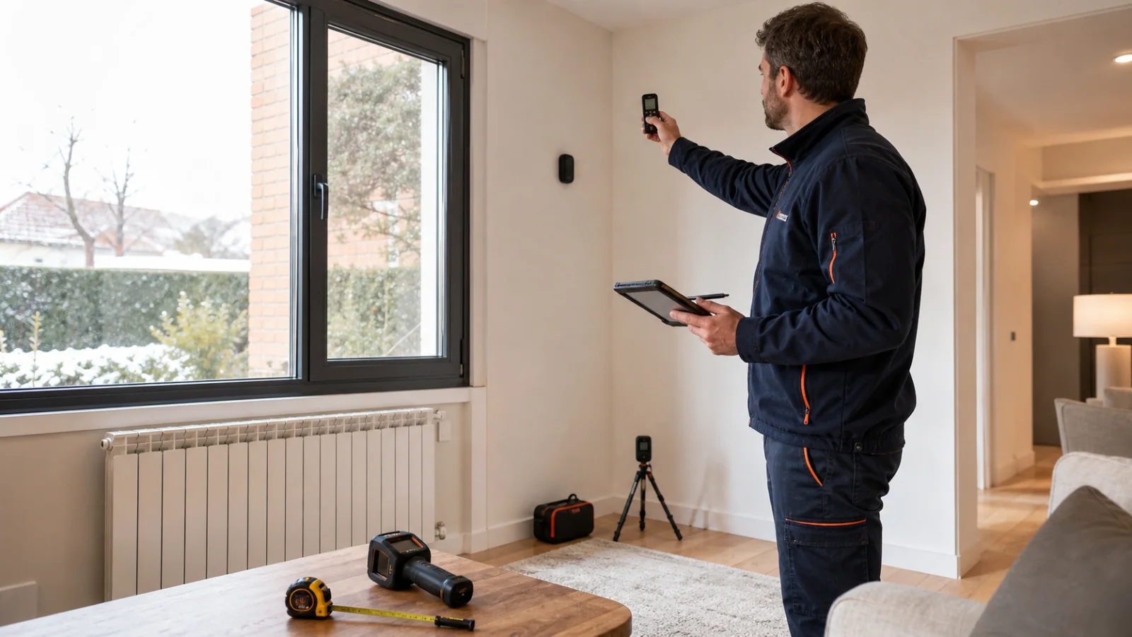 Técnico tomando medidas para calcular las cargas térmicas de una vivienda