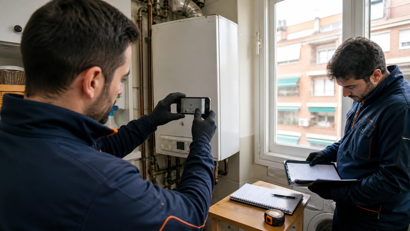 Dos técnicos con chaquetas azul marino trabajan en un cuarto de instalaciones — uno fotografía con el móvil una caldera mural blanca con sus tubos de cobre a la vista y el otro escribe en una carpeta con pinza; sobre una mesita de madera hay un cuaderno de anillas, un bolígrafo y una cinta métrica, y por la ventana se ve un edificio de ladrillo con toldos verdes y una máquina de aire acondicionado en la fachada