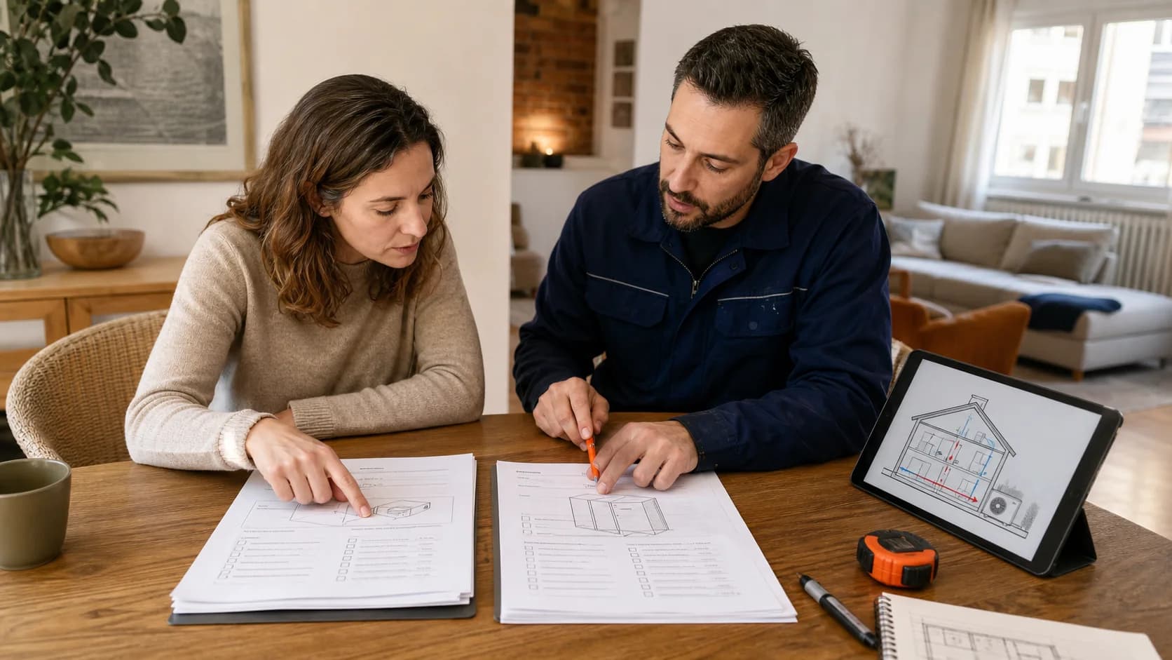 Propietaria y técnico con ropa de trabajo sentados a la mesa del salón revisando dos propuestas impresas, con una tableta que muestra el esquema de una vivienda y una cinta métrica al lado