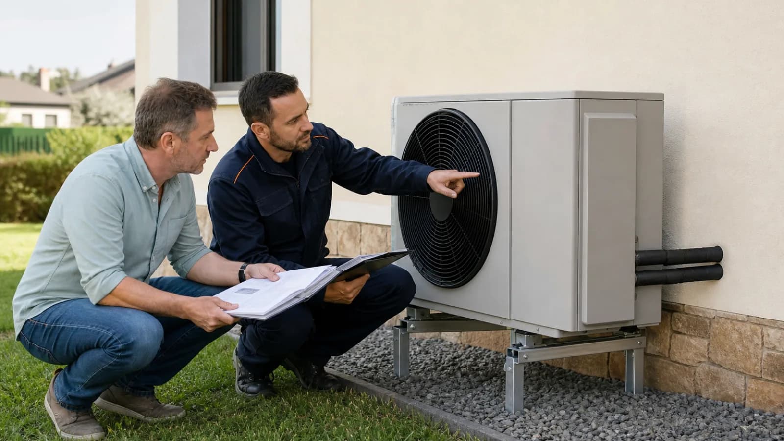 Propietario e instalador revisando la documentación técnica de una bomba de calor junto a la unidad exterior instalada en una vivienda