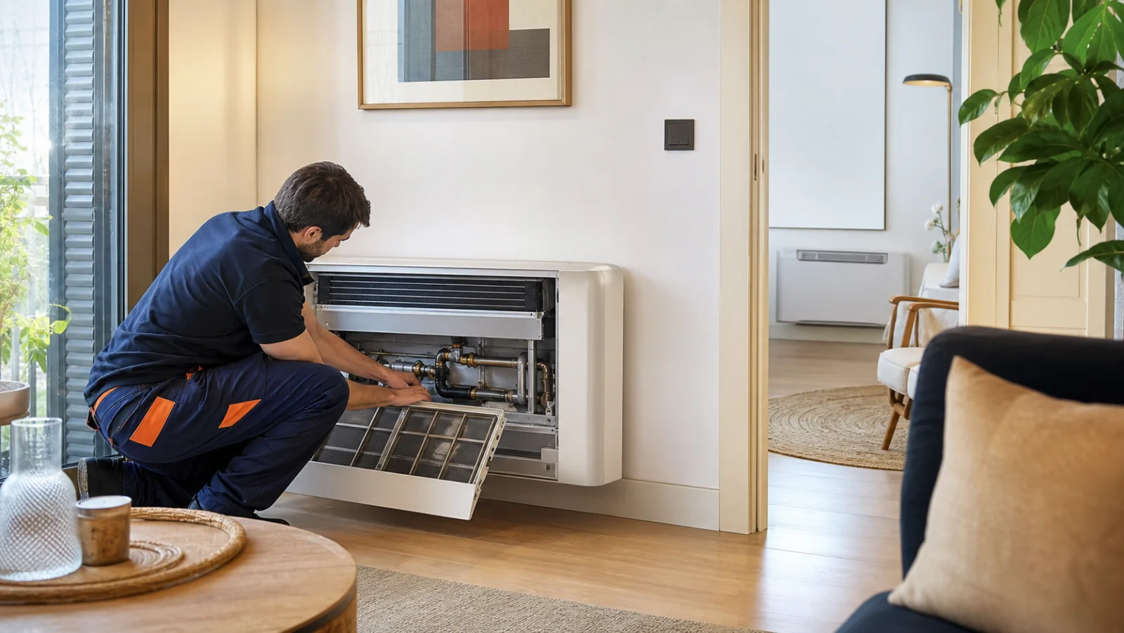 Técnico revisando las conexiones hidráulicas y el filtro de un fan coil doméstico