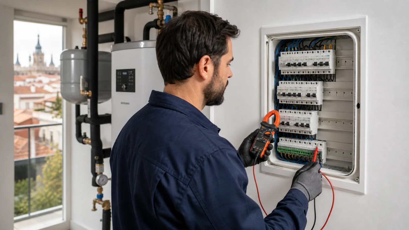 Técnico con mono azul midiendo con una pinza amperimétrica en el cuadro eléctrico abierto de una vivienda, con las filas de magnetotérmicos y el cableado a la vista, y al fondo el módulo interior de la aerotermia con su vaso de expansión y sus tuberías junto a una ventana