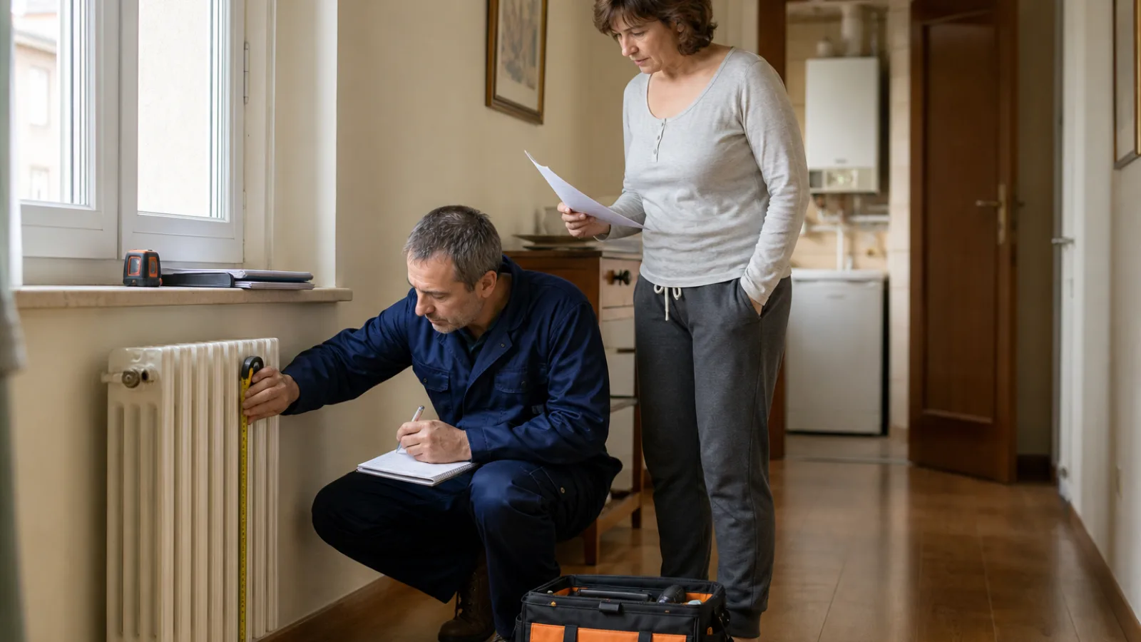 Técnico midiendo con cinta métrica un radiador de una vivienda mientras la propietaria sostiene su factura de la luz, con la caldera de la casa al fondo