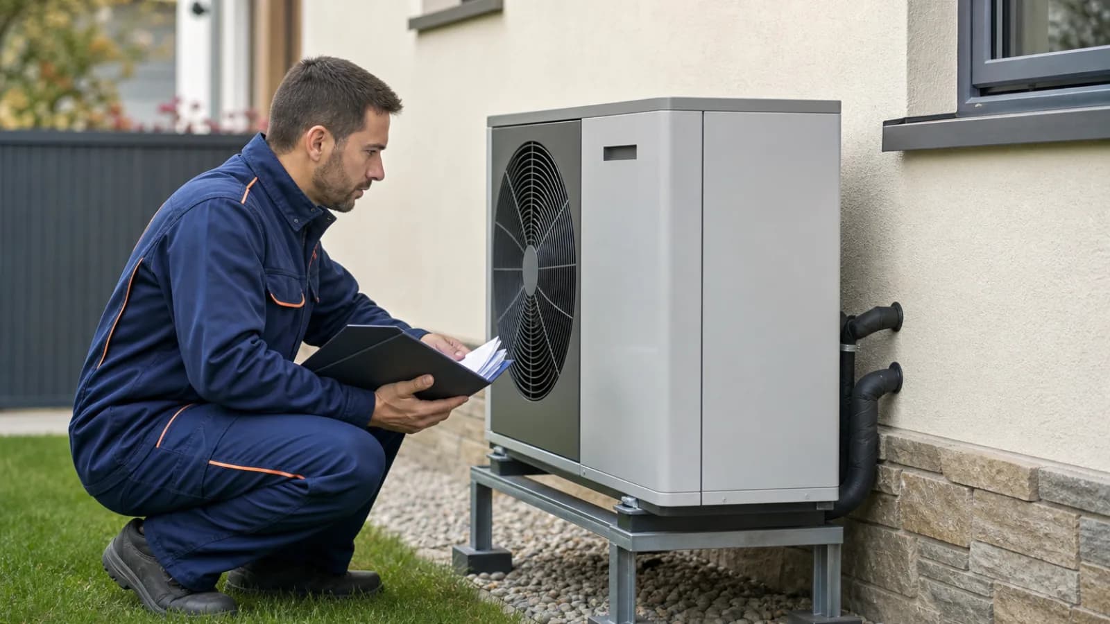 Técnico consultando la ficha técnica de una unidad exterior de aerotermia instalada junto a la fachada de una vivienda