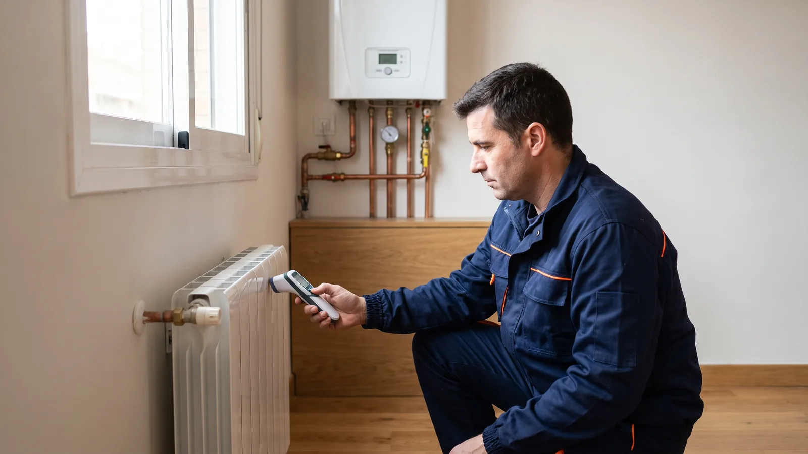 Instalador midiendo con un termómetro la temperatura de un radiador para comprobar la impulsión del circuito de calefacción