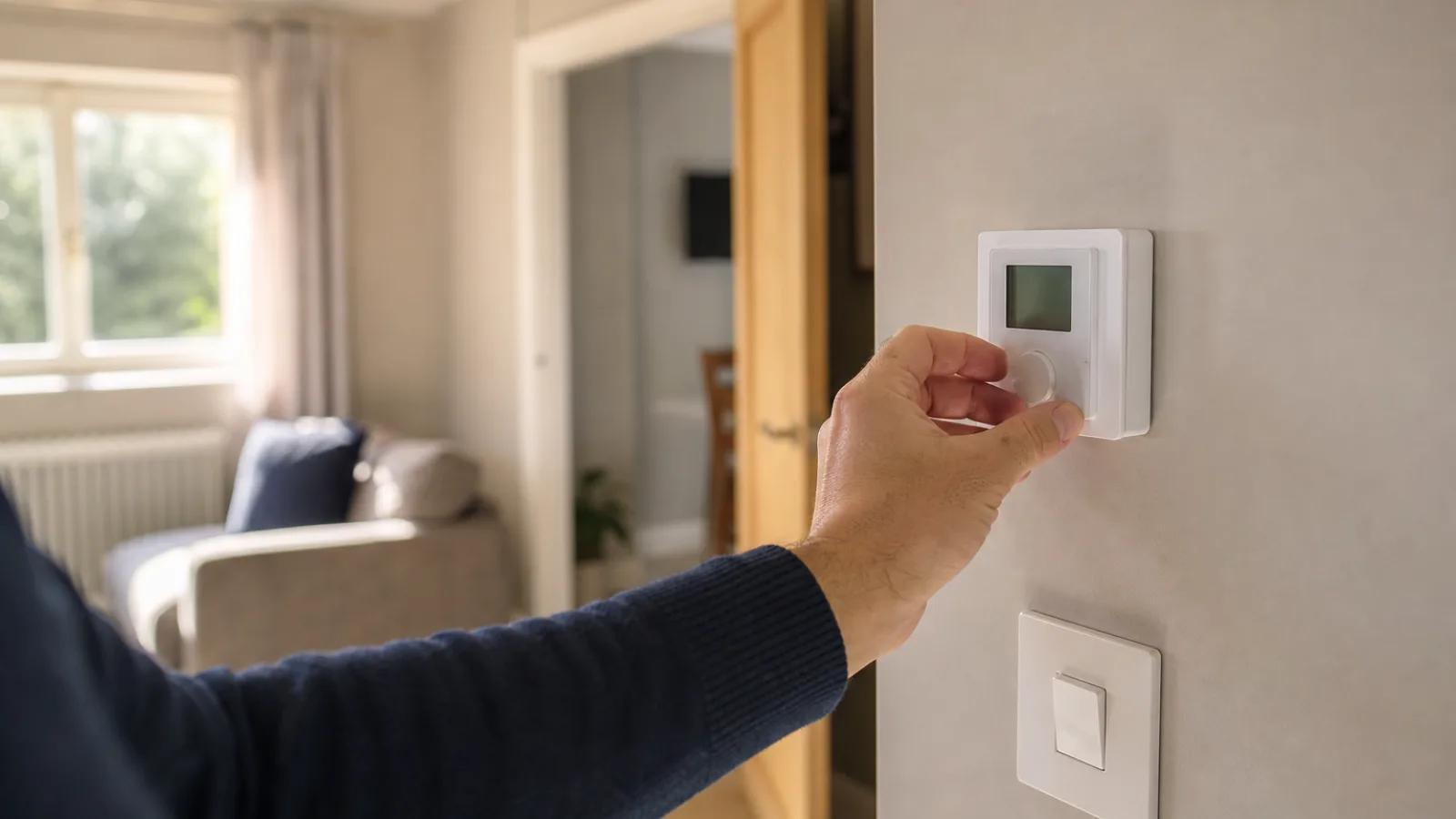 Mano ajustando un termostato de ambiente montado en la pared de una vivienda, con el salón, un radiador y la puerta abierta hacia otra habitación desenfocados al fondo