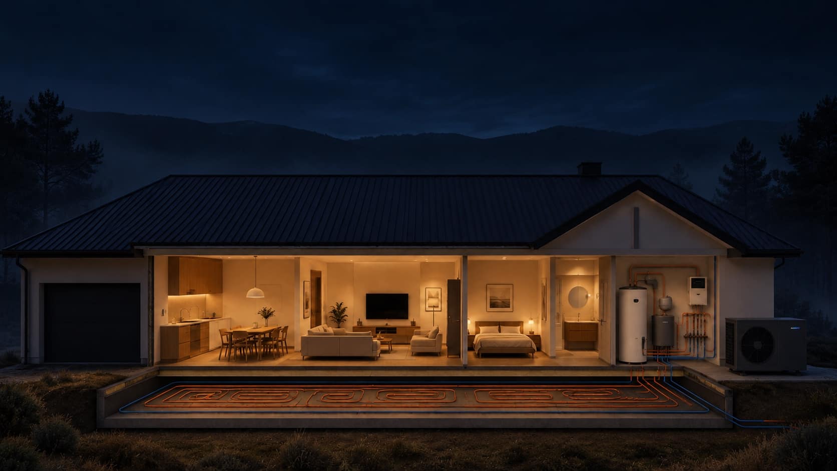 Sección de una vivienda unifamiliar de noche con el suelo radiante encendido, el acumulador de agua caliente y la unidad exterior de aerotermia