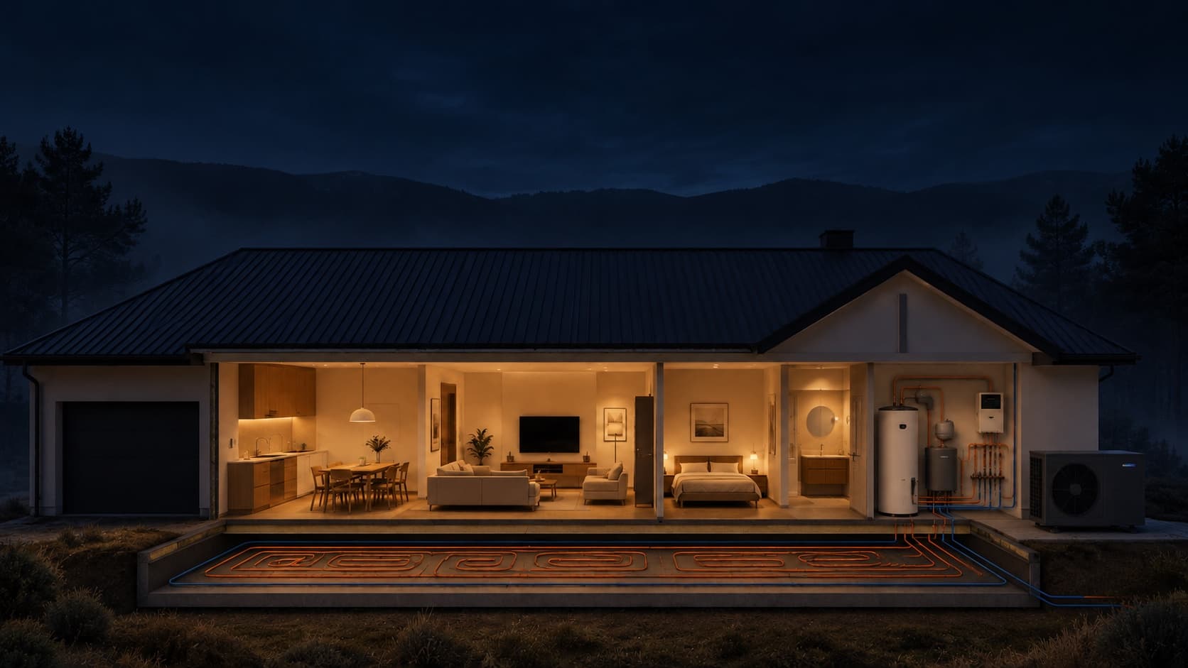 La misma vivienda unifamiliar de noche, con las ventanas encendidas y la unidad exterior de aerotermia funcionando