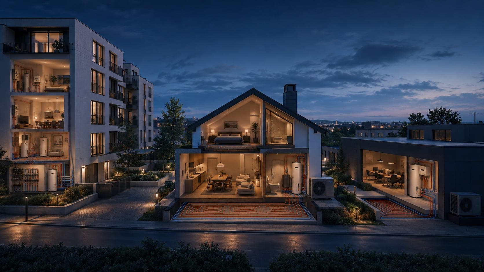 Vista nocturna de tres edificios en sección con su instalación de aerotermia a la vista: un bloque de pisos con un equipo por vivienda, una casa unifamiliar con acumulador, suelo radiante y unidad exterior, y una oficina con la misma instalación.
