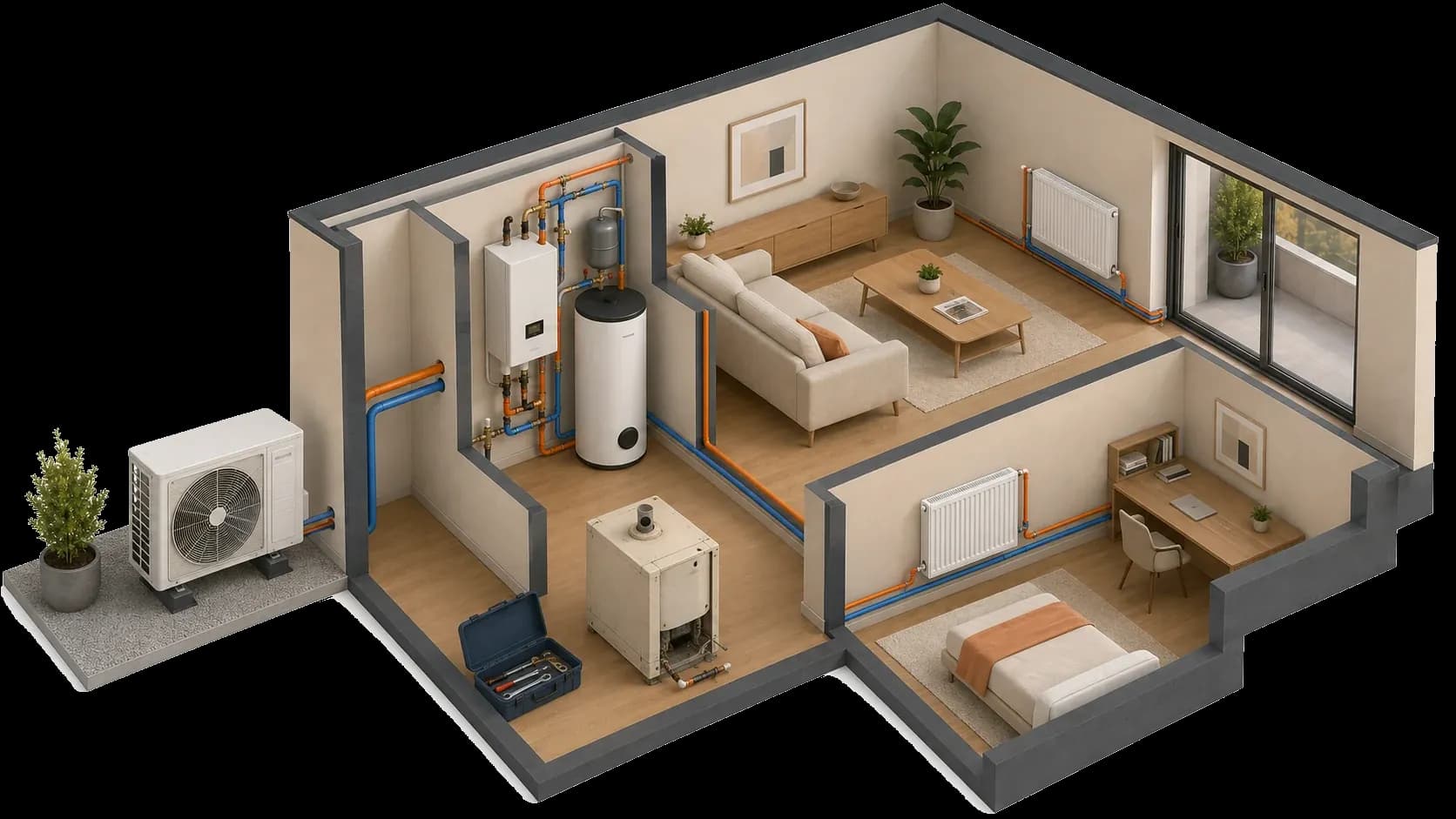 Vivienda vista en corte con la instalación completa: la unidad exterior fuera, el módulo y el acumulador de agua caliente en el cuarto técnico, las tuberías recorriendo la casa hasta los radiadores, y la caldera antigua ya desmontada junto a una caja de herramientas