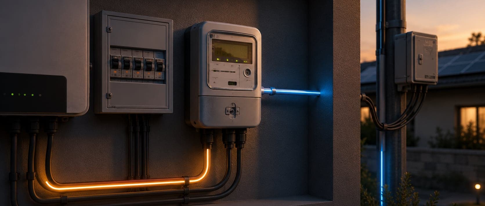 Primer plano de la pared exterior de la vivienda al anochecer: el inversor, el cuadro eléctrico y el contador, con el tubo de la instalación iluminado en naranja hacia la casa y la línea hacia el poste de la red iluminada en azul
