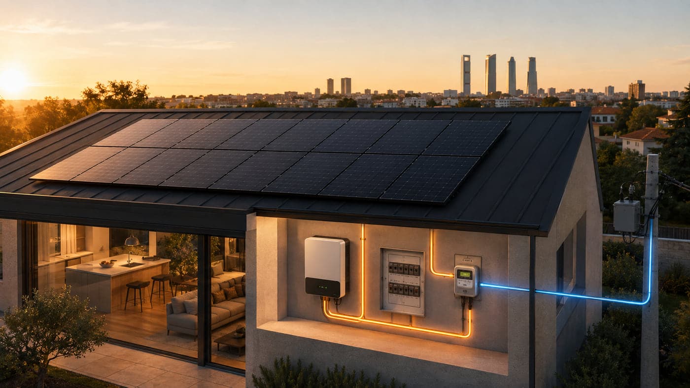 Vivienda unifamiliar con paneles solares en la cubierta al atardecer y el perfil de Madrid al fondo, con el inversor, el cuadro eléctrico y el contador montados en la pared exterior