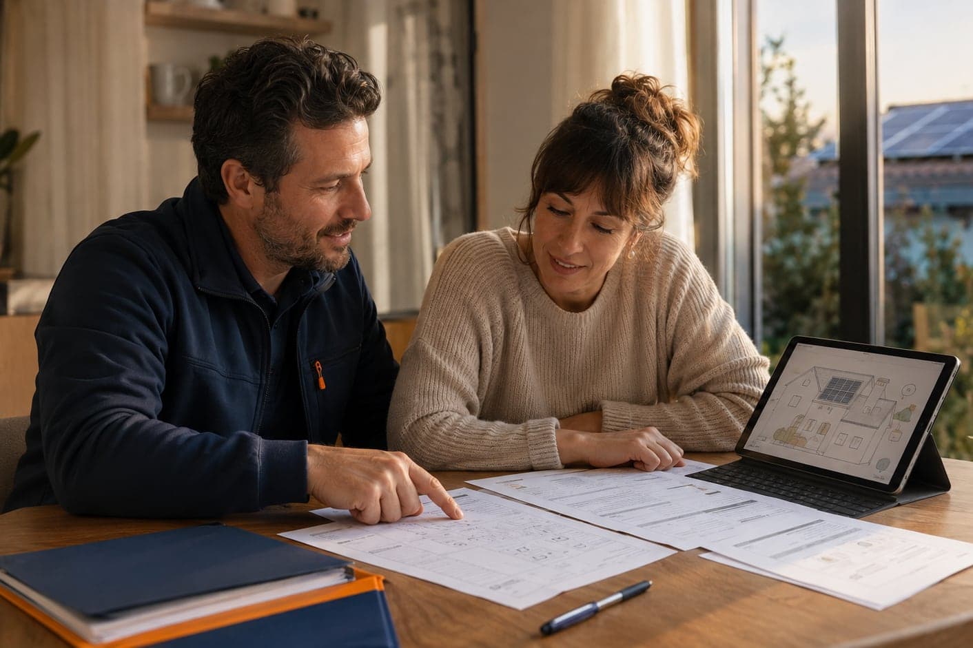 Un técnico y una clienta sentados a la mesa del salón repasando la documentación de la instalación, con una tablet que muestra el plano de la casa con los paneles y, al fondo por la ventana, una cubierta con placas solares