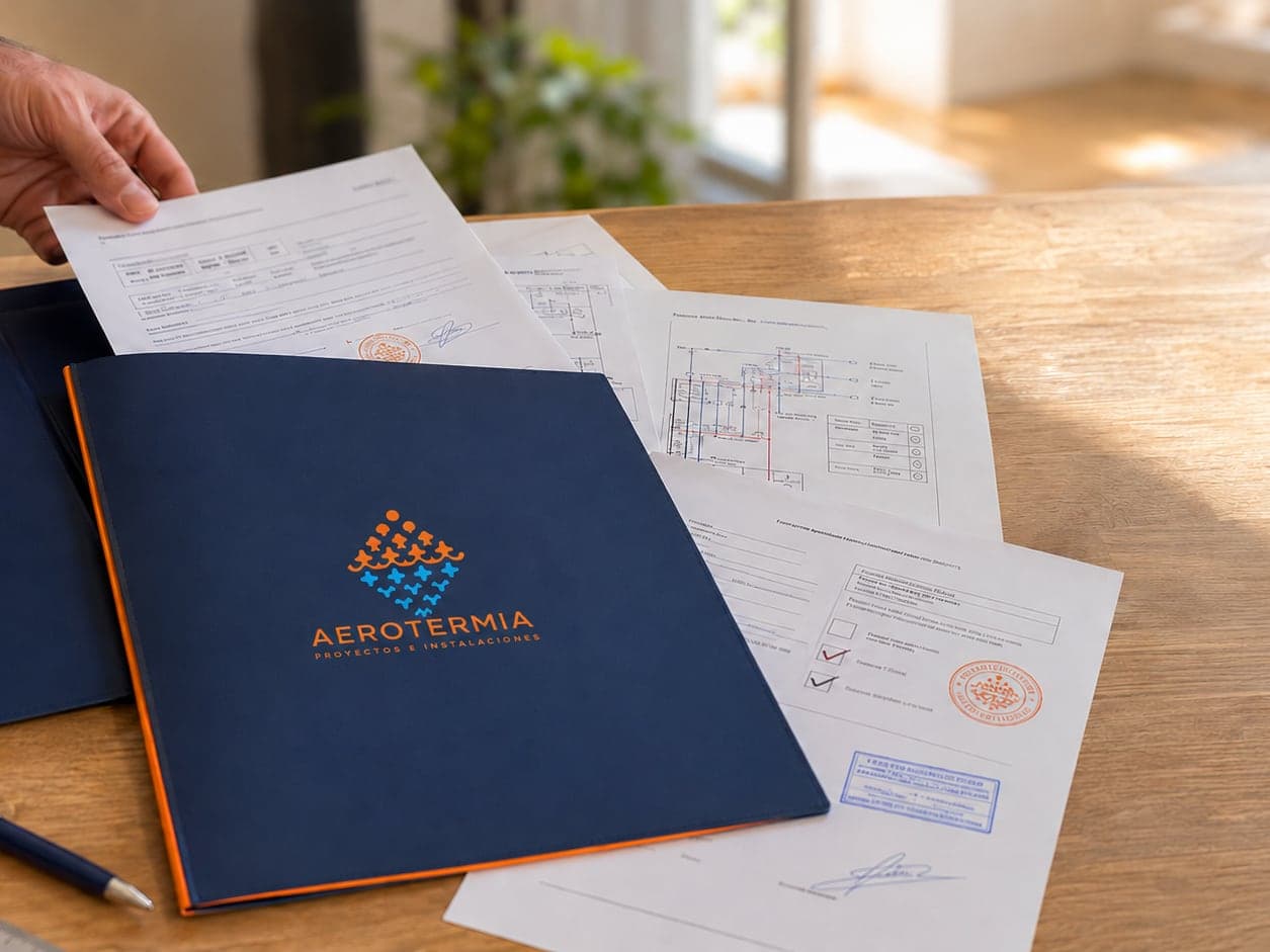 Carpeta de la empresa sobre una mesa con la documentación de la instalación: certificados sellados, esquemas y planos de la vivienda