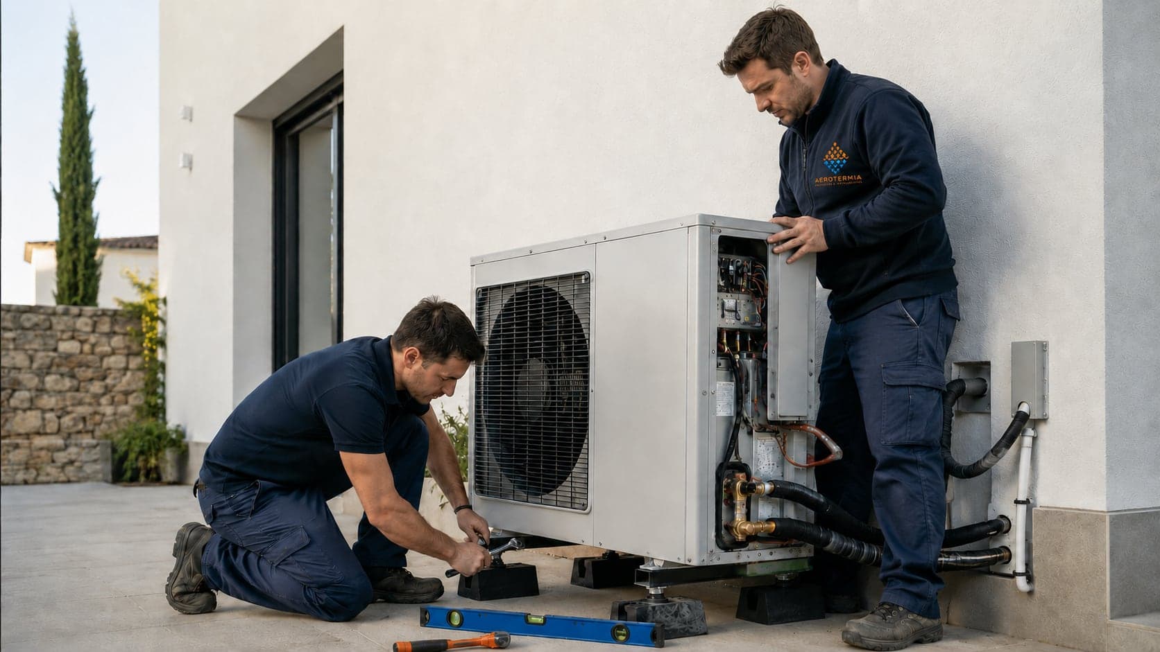 Dos técnicos instalando la unidad exterior de una aerotermia en el lateral de una vivienda, uno nivelando la bancada con una llave y otro trabajando en el cuadro eléctrico del equipo