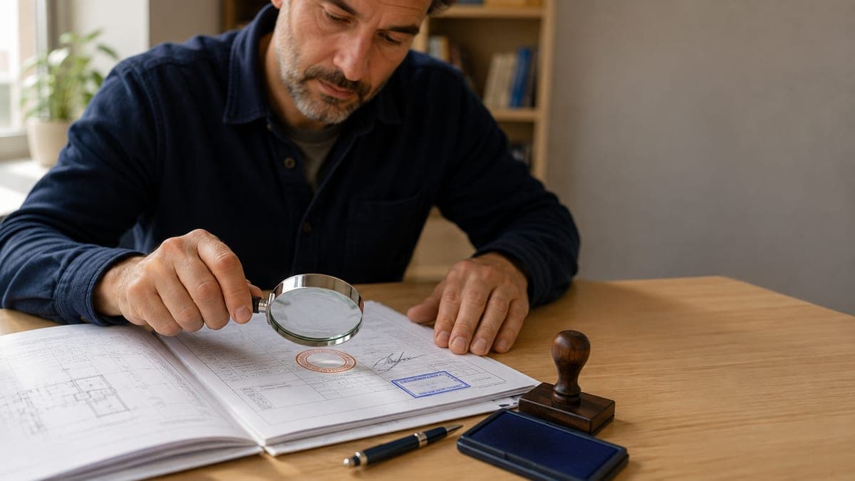 Una persona revisando con lupa un expediente técnico sellado y firmado sobre una mesa, con el sello y el tampón al lado