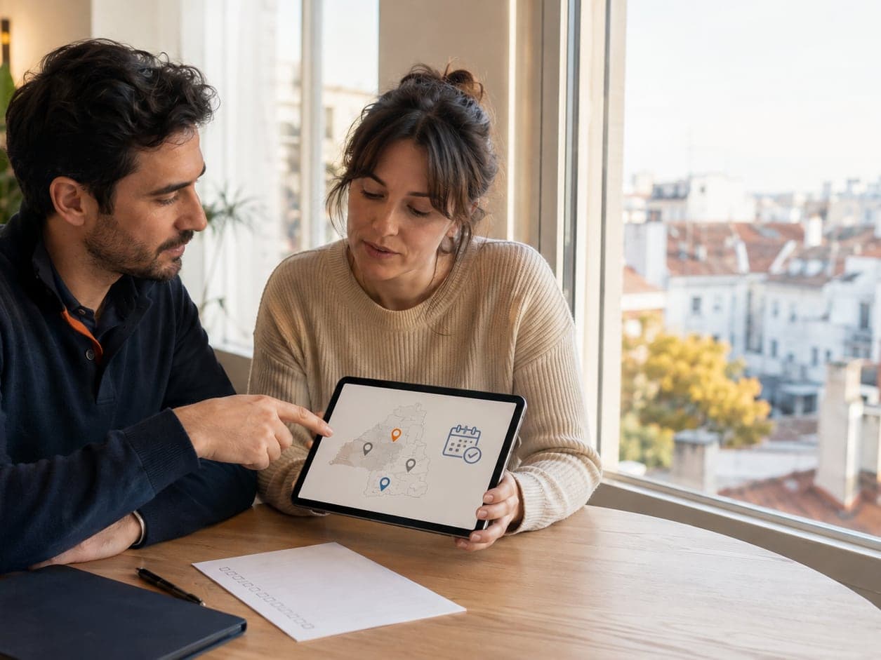 Un técnico y una clienta sentados a la mesa miran una tablet con el mapa de la Comunidad de Madrid marcado con chinchetas y un calendario, con los tejados de Madrid al fondo por la ventana