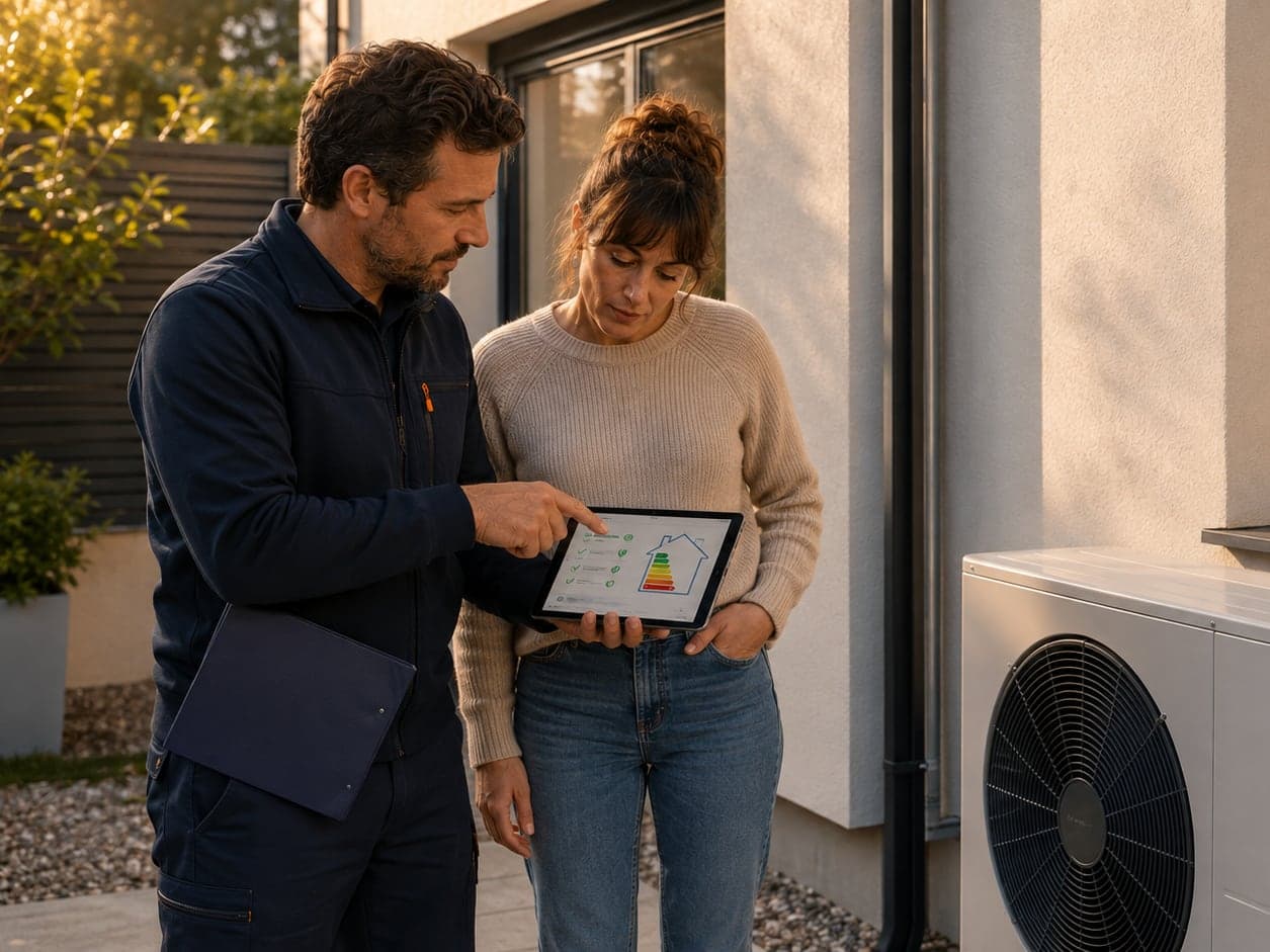 Un técnico enseña a una clienta la documentación en una tablet, junto a la unidad exterior de la aerotermia ya instalada en la fachada de su casa