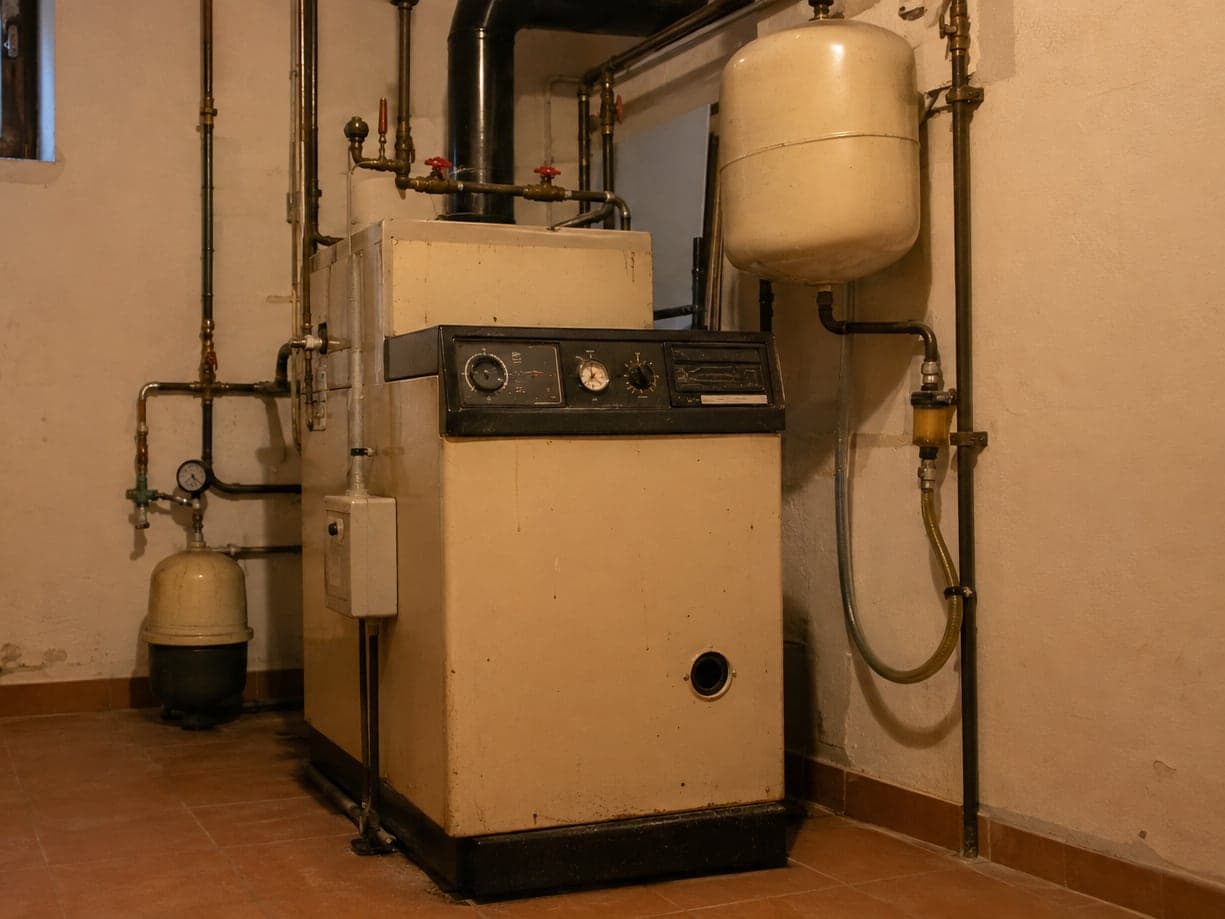 Caldera antigua de gasóleo en el cuarto de calderas de una vivienda, con su vaso de expansión, los manómetros y las tuberías de la instalación