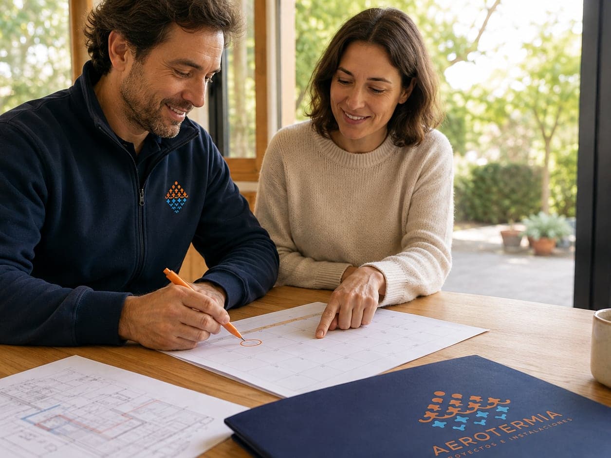 Un técnico y una clienta sentados a la mesa marcando con bolígrafo la fecha del montaje en un calendario, con el plano de la instalación y la carpeta de la empresa sobre la mesa