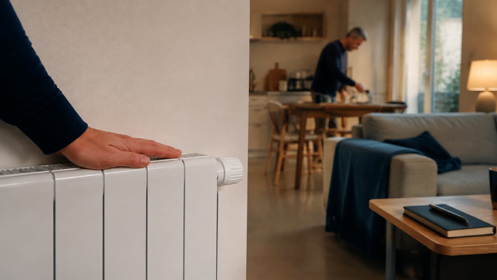 Una mano apoyada sobre un radiador templado en el salón de una vivienda, con la casa en uso al fondo